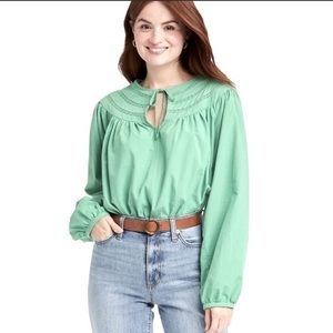 Women's Balloon Long Sleeve Tie-front Blouse Universal Thread green nwt